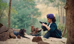 a woman with a camera and two dogs