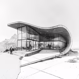a building in the desert with two people walking nearby