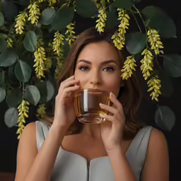 a woman holds a cup with tea in her hands as she is smelling her nose and making a face