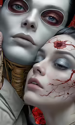 two women are holding a white skull in their hands