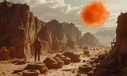 a man standing in an arid rocky area