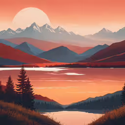 there is an art work of sunset over the mountains,an oil painting with mountains in the background