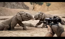 two elephants touching their trunks with a camera