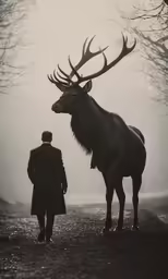 a man stands next to an elk, while he watches it