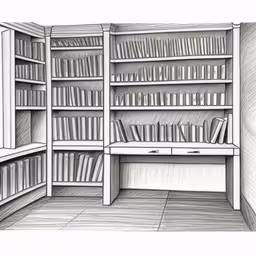 a pencil drawing of an empty bookshelf