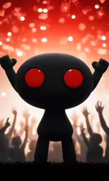 a little red eyed person stands in front of a crowd