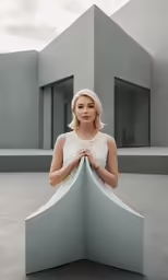 a woman is posing in front of a white sculpture