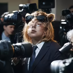 a young lady is surrounded by camera and camera equipment