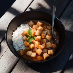a bowl of tofu, rice and basil on a picnic table