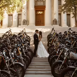 a bride and groom standing in front of a large number of motorcycles