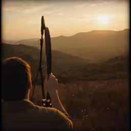 a man aiming at something on a mountain range