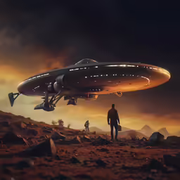 two people are standing in front of an alien ship