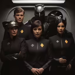 the cast of star trek into space from left to right, the crew, and a character