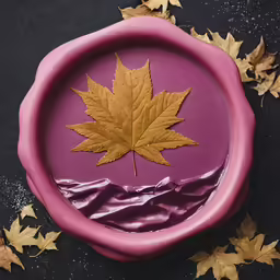a pink object with leaves and water sitting on it