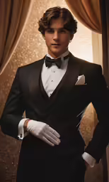 a man is wearing a black suit and bow tie