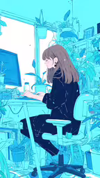 a woman sitting at a desk working on a computer,a painting of a person working at a computer on her desk