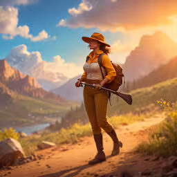 a woman standing in the mountains holding a gun,woman in outdoor area with backpack and rifle