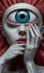 a woman with a blue eye and red hair