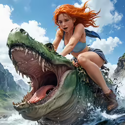 a girl rides a alligator in a cartoon