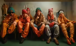 five people sitting together on a bench