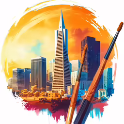 a city skyline that looks like painting and brushes