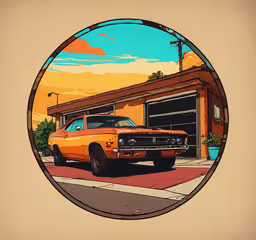 a car parked outside of a garage under an orange sky,a painting of an orange dodge car in a circle