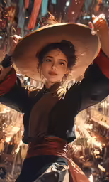 a girl in a large hat wearing very elaborate costume