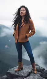 a woman in a tan coat and blue pants poses on a rocky ledge
