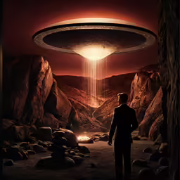 man stands under object on rocky mountain terrain