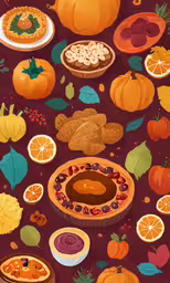 a thanksgiving themed painting shows a pie in the center, surrounded by oranges, pomegranates, and more,a table with a pie and many slices