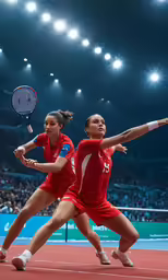 two women in red uniforms playing tennis on the court