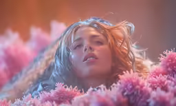 a woman with long blond hair in the middle of pink flowers
