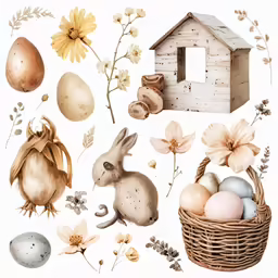 a set of realistic digital illustrations of eggs and flowers