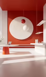 a bright red wall with abstract artwork is an accent to this minimal - white kitchen