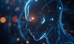 a futuristic humanoid head and glowing orbs surrounding him