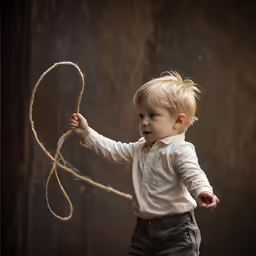 the baby is playing with a rope