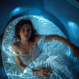 there is a young woman lying down on the bed