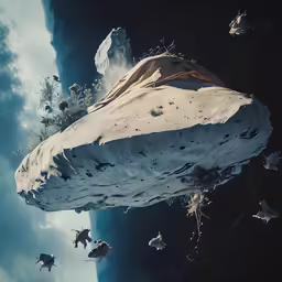 an image of a space ship in the sky with birds