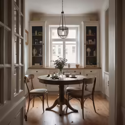 a dinning room with tables and two chairs