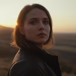 a woman wearing a leather jacket stands in the sunset