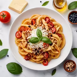 a plate of pasta with tomatoes, cheese and basil