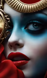 a close up of a woman wearing blue and red makeup with a clock on her face