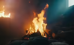 fire burning on the ground next to a building