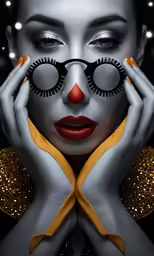 woman in black and gold is holding eye glasses