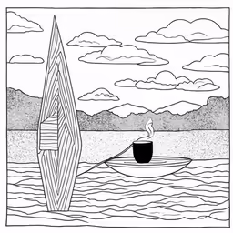a drawing of a boat with a surfboard next to it