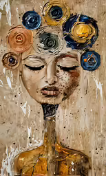 an artistic painting with different colors and shapes of the head