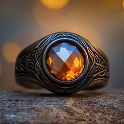 a ring sitting on top of a rock with light from the background