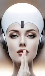 a woman wearing headphones with her hand on her ear