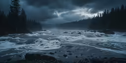 the water is choppy and turbulent at the edge of a forest