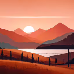 a painting depicting a landscape featuring mountains and a lake,an artistic view of the mountains with the sun on one side